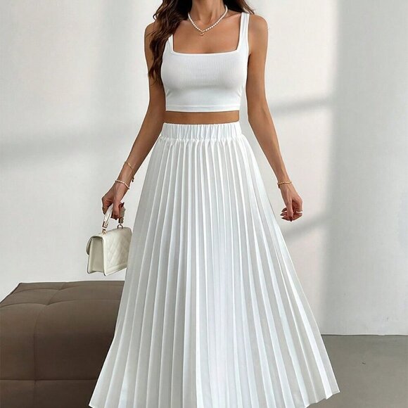 White Casual Women's Tank Top And Pleated Skirt 2-Piece Set - Picture 6 of 8